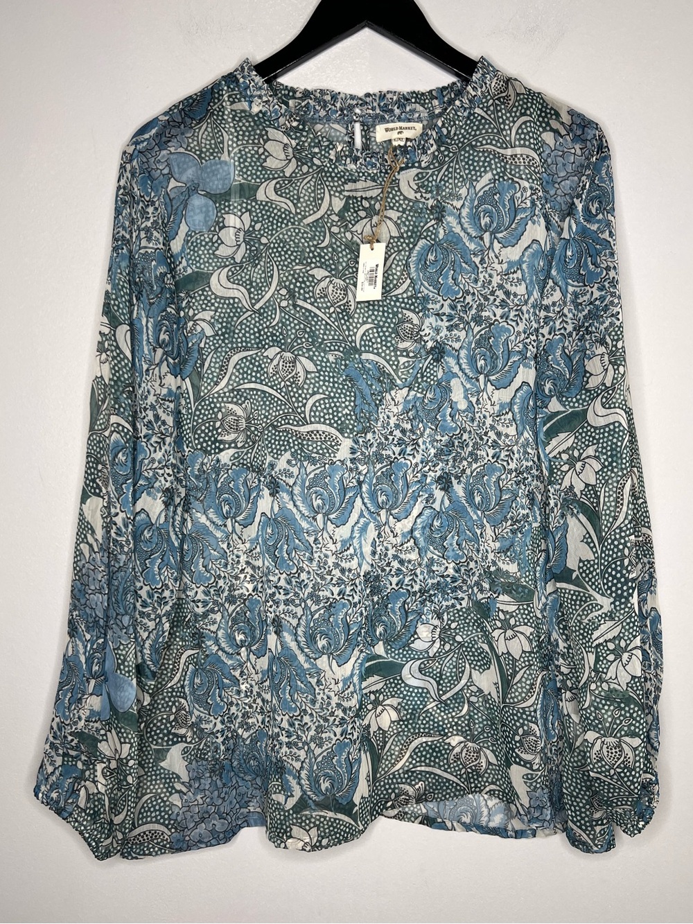World Market NWT Sheer Floral Romantic Boho Peasant Blouse Blue Long Sleeve L/XL